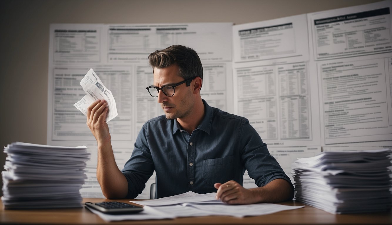 A person sitting at a desk, calculating and organizing bills and payment schedules, with a stack of paperwork labeled "Repayment and Debt Management."