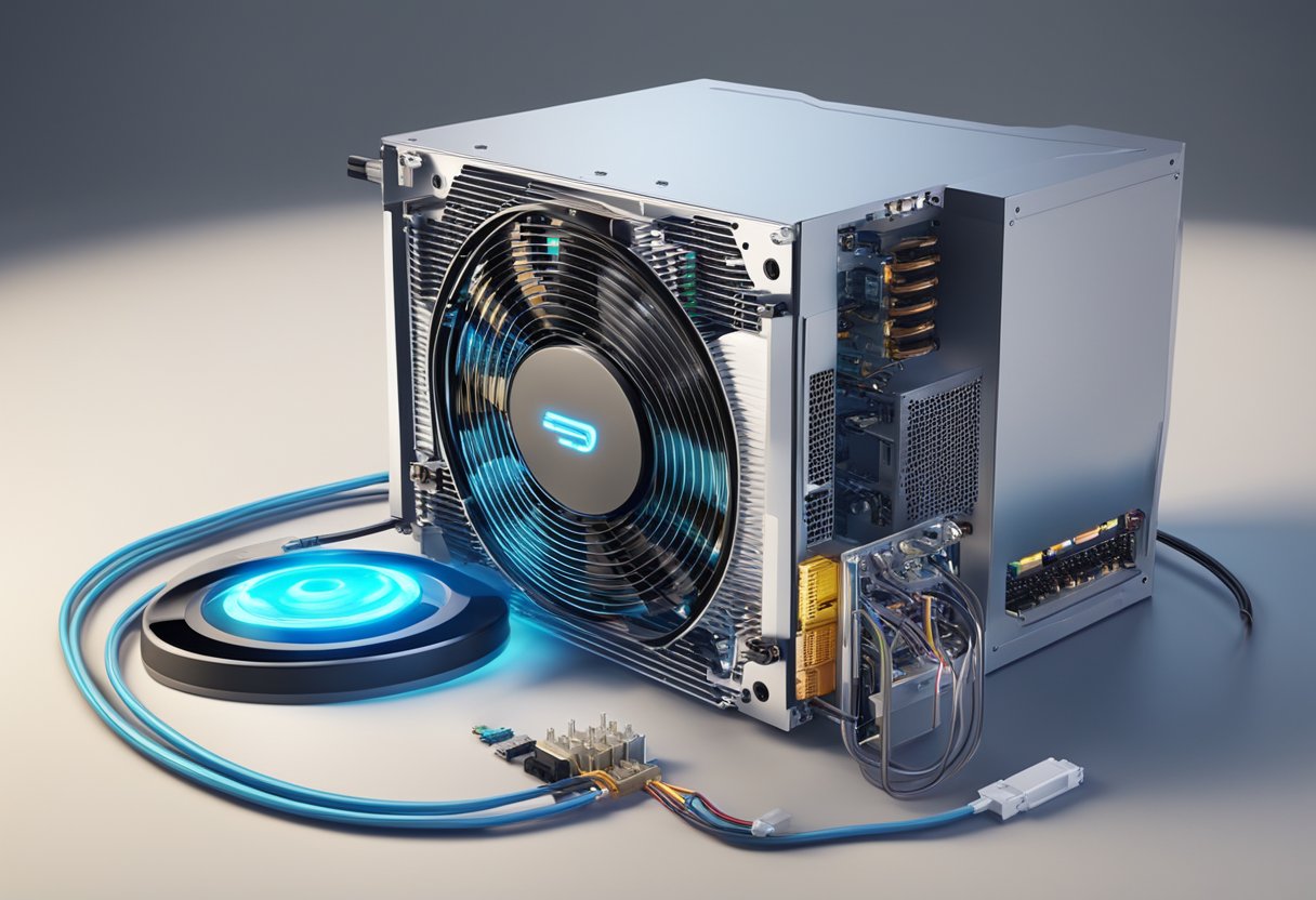 A CPU with a speedometer gauge showing increased speed, a cooling system with fans working harder, and a monitor displaying performance metrics