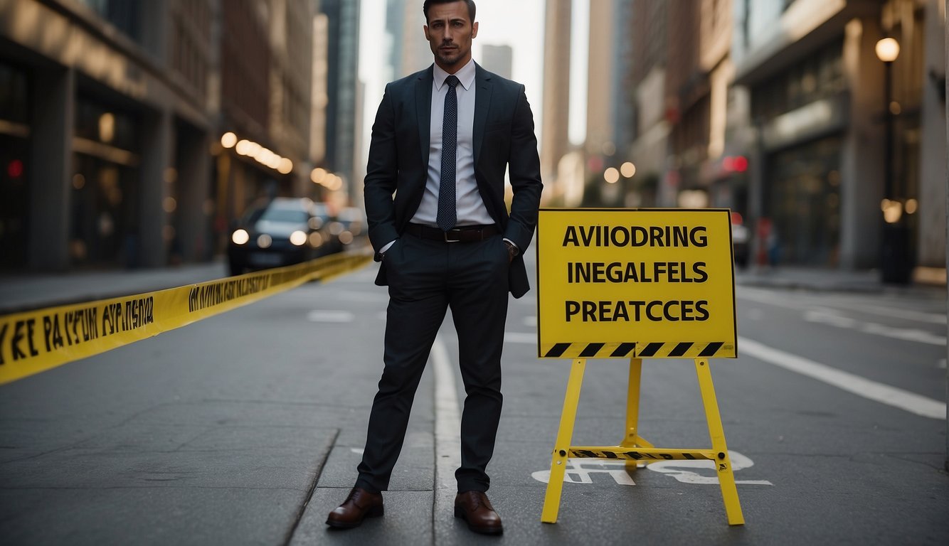 A money lender stands next to a sign reading "Avoiding Pitfalls and Illegal Practices" with a caution tape around a pitfall