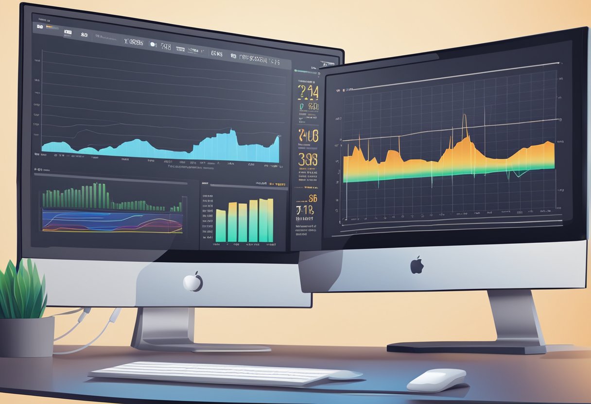 A computer monitor displaying a CPU usage graph and performance metrics