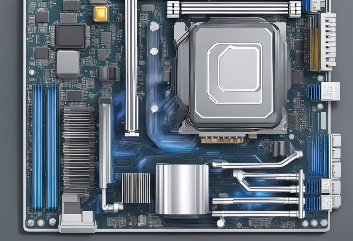 A computer motherboard with a CPU liquid cooler attached, showing the flow of liquid through the system and the temperature gauge indicating efficient cooling