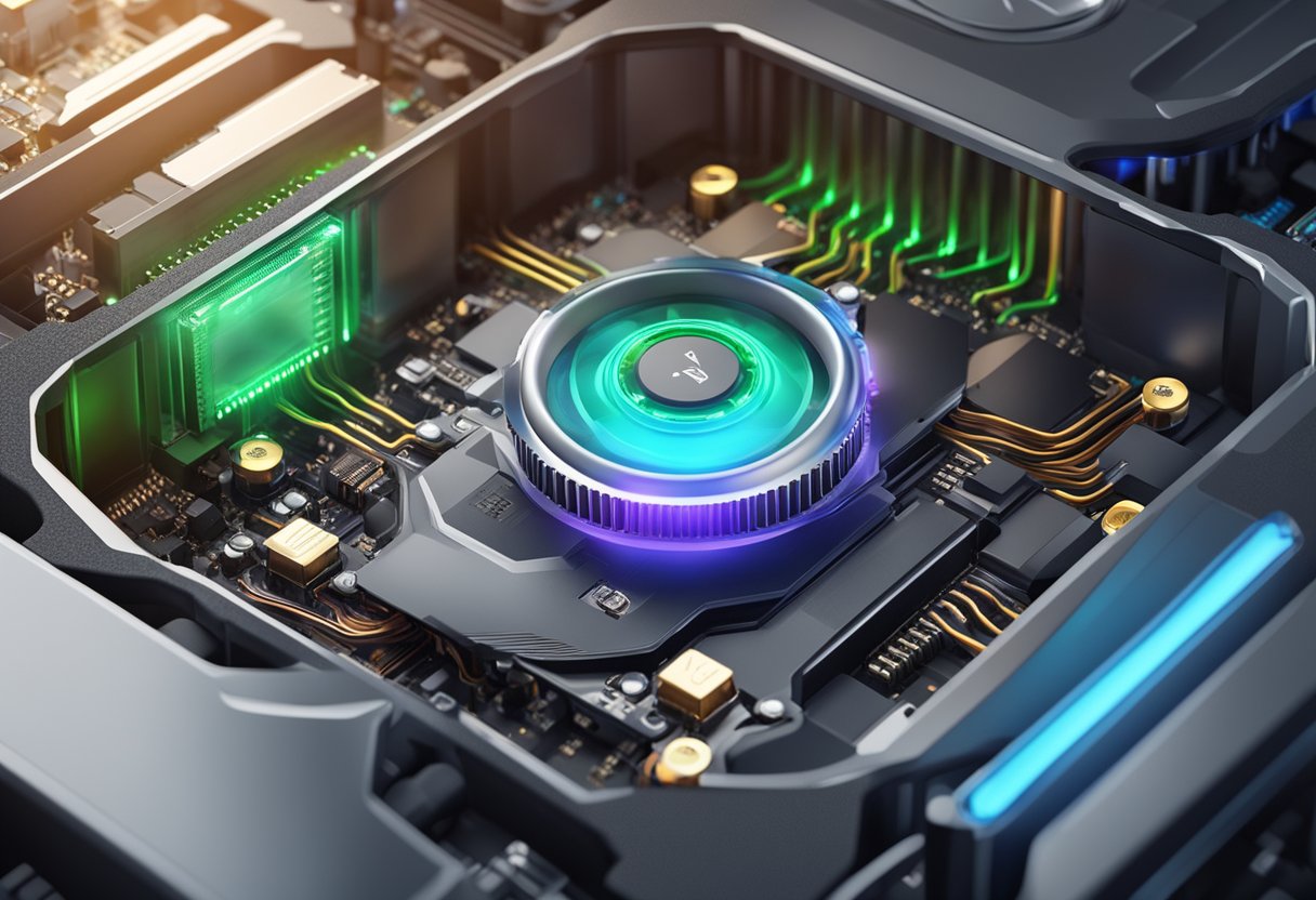 A CPU with a speedometer gauge showing increased performance, stable voltage levels, and a cooling system in action
