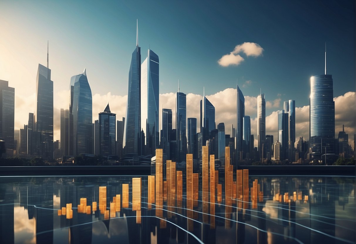 A futuristic city skyline with digital currency symbols hovering above buildings. Graphs and charts display fluctuating values. A group of people discussing investments in a sleek, modern office