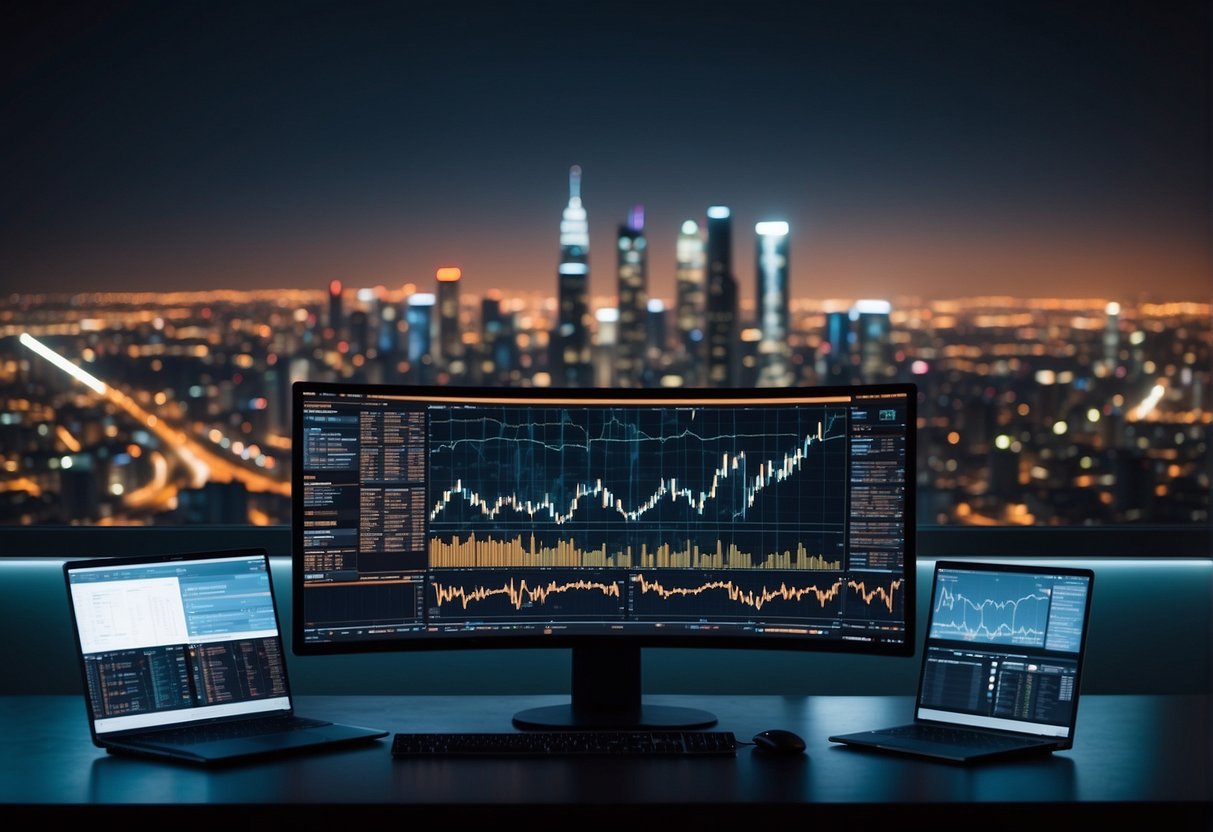 A computer screen displays various cryptocurrency charts and data, with a futuristic city skyline in the background