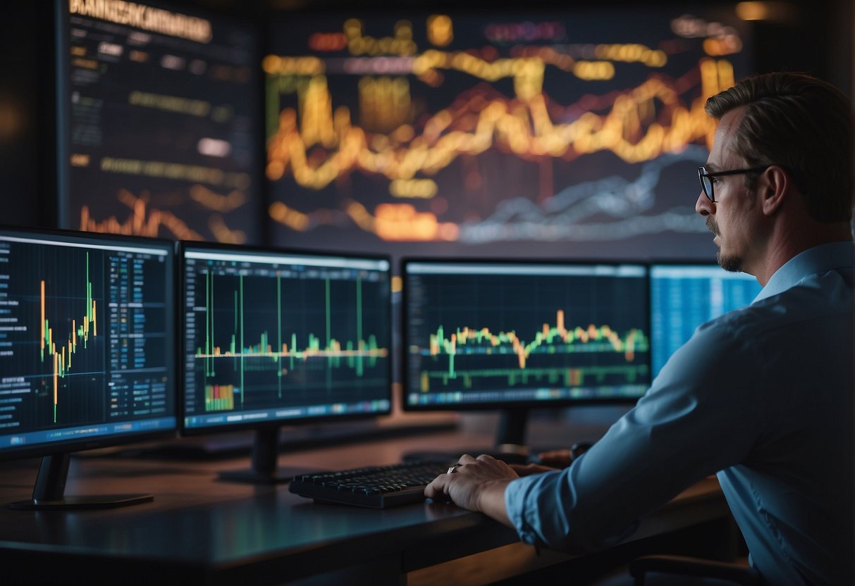 A computer screen displays fluctuating cryptocurrency values, surrounded by charts and financial reports. An investor watches intently, contemplating the future prospects of cryptocurrency investing