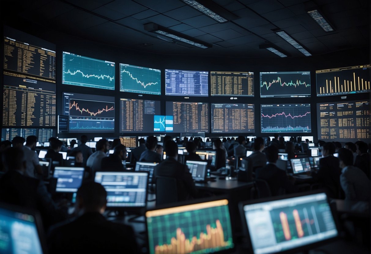 A bustling market with digital currency symbols and graphs projected on screens, while investors discuss and analyze the future prospects of cryptocurrency investing