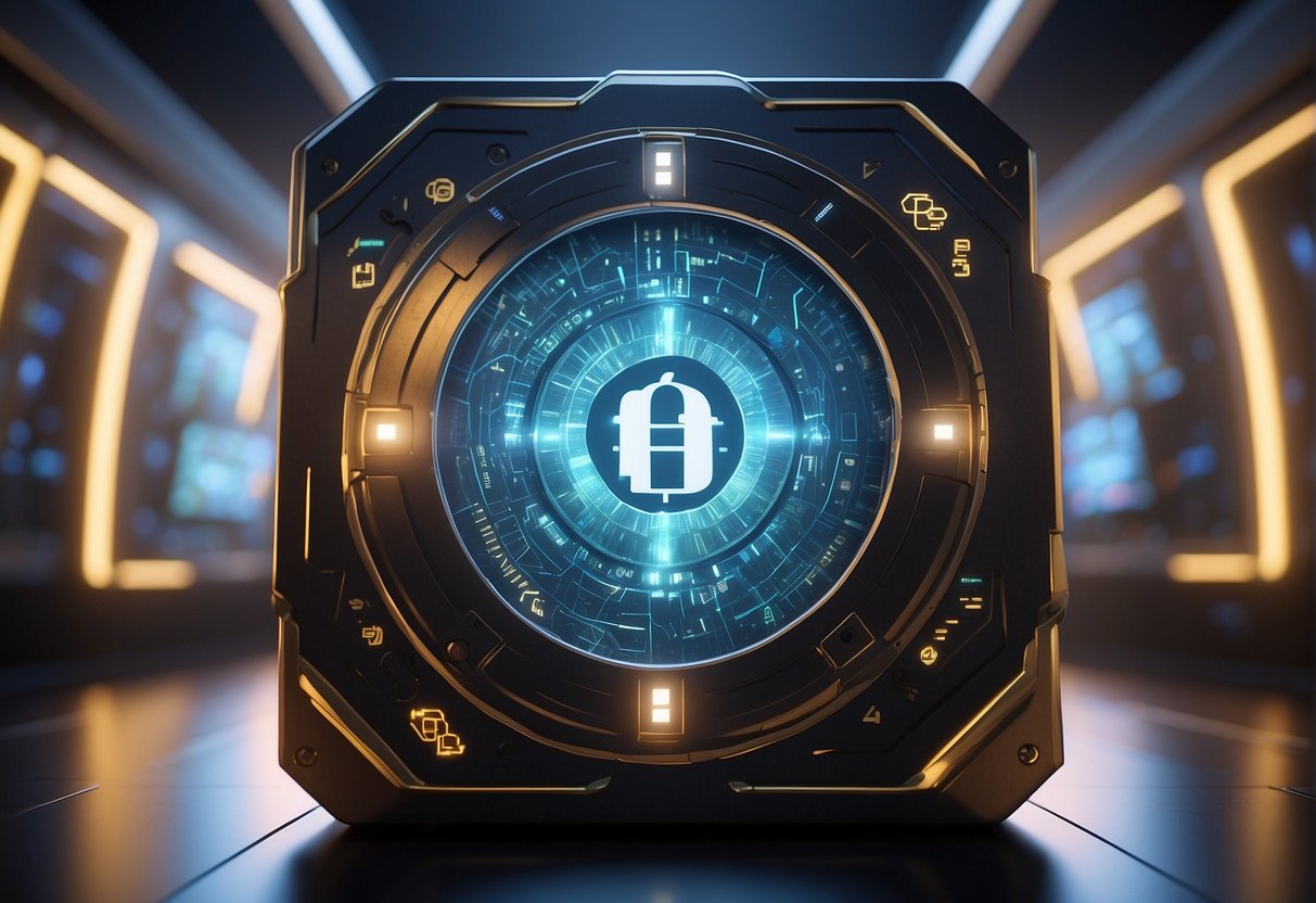 A futuristic, secure digital vault with glowing cryptocurrency symbols floating and rotating inside, surrounded by advanced encryption technology