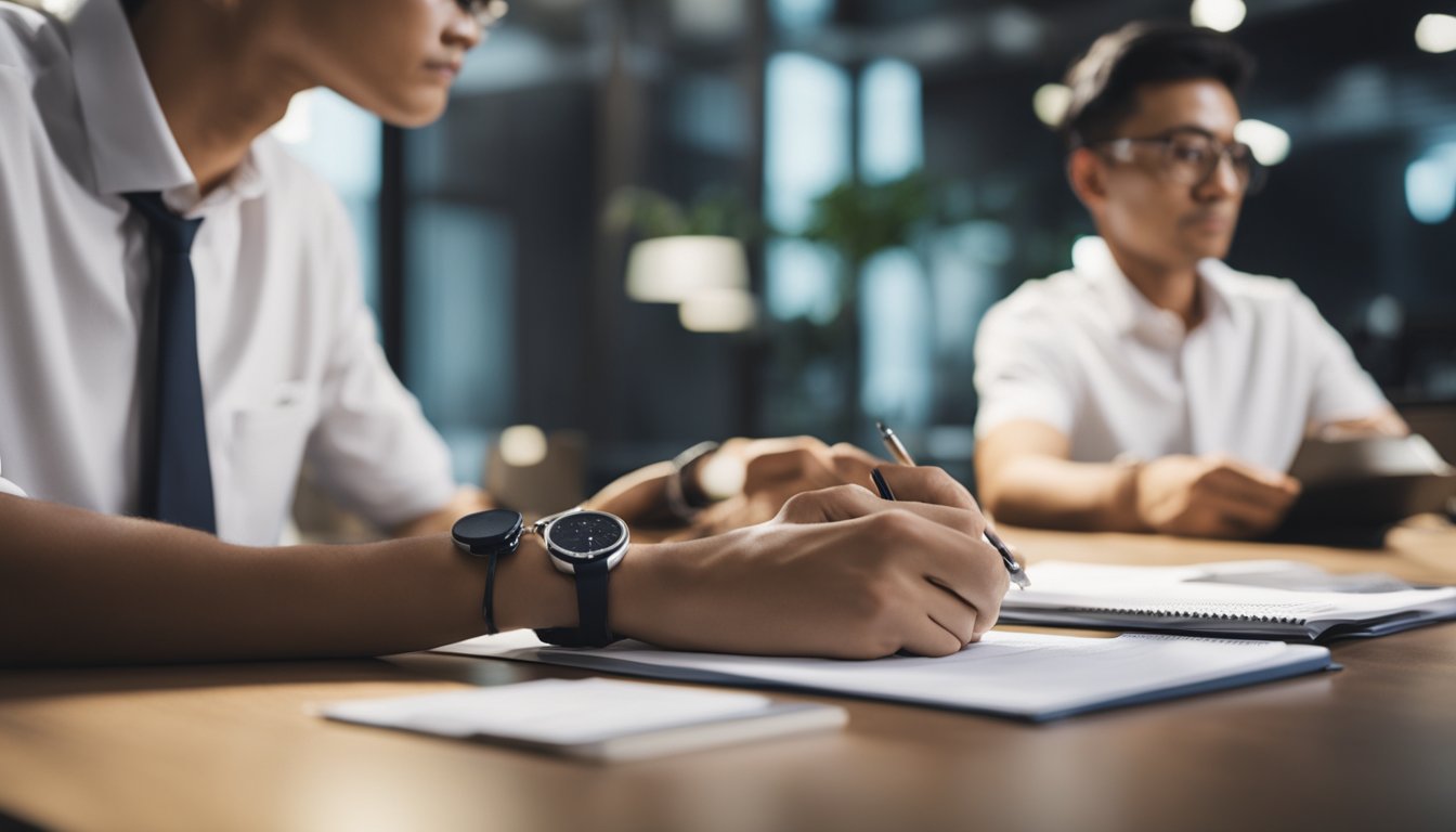 A person sitting at a desk, reading a document titled "The Basics of Personal Loans Understanding Personal Loans and Credit Scores in Singapore." The document is open and the person appears to be deep in thought