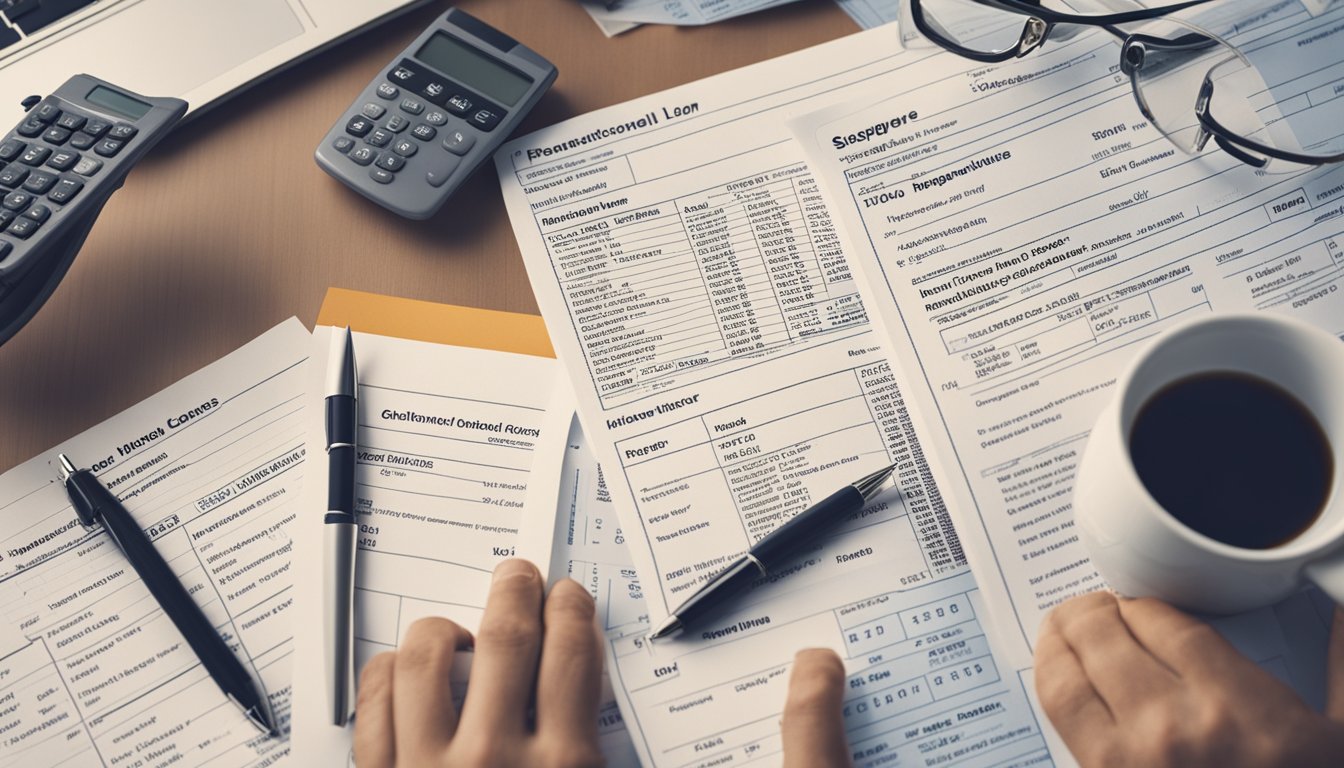 A person researching personal loans in Singapore, surrounded by financial documents and credit score reports