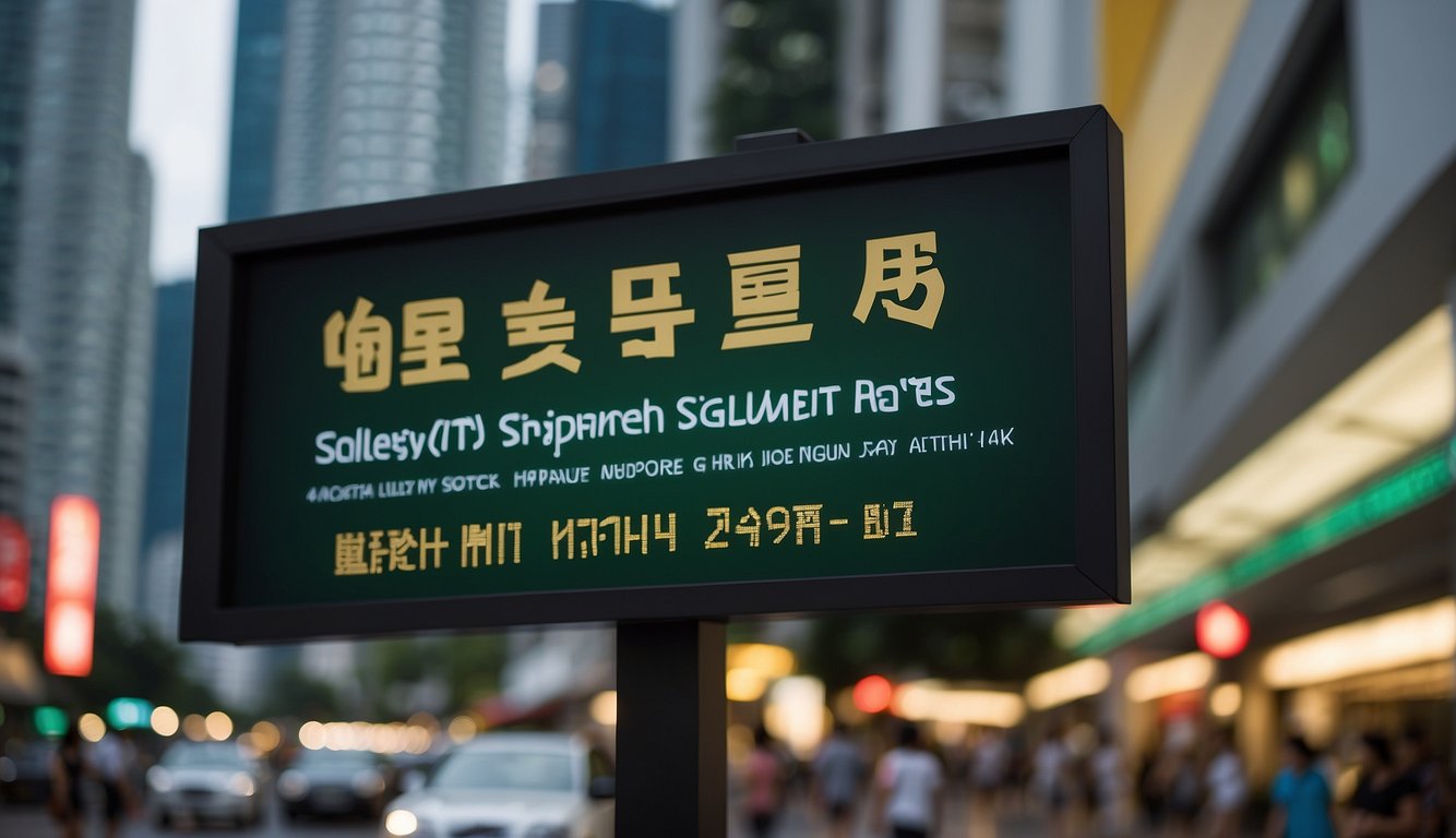 A money lender's signboard stands out against the backdrop of the bustling streets of Singapore, with clear information on repayments and interest rates