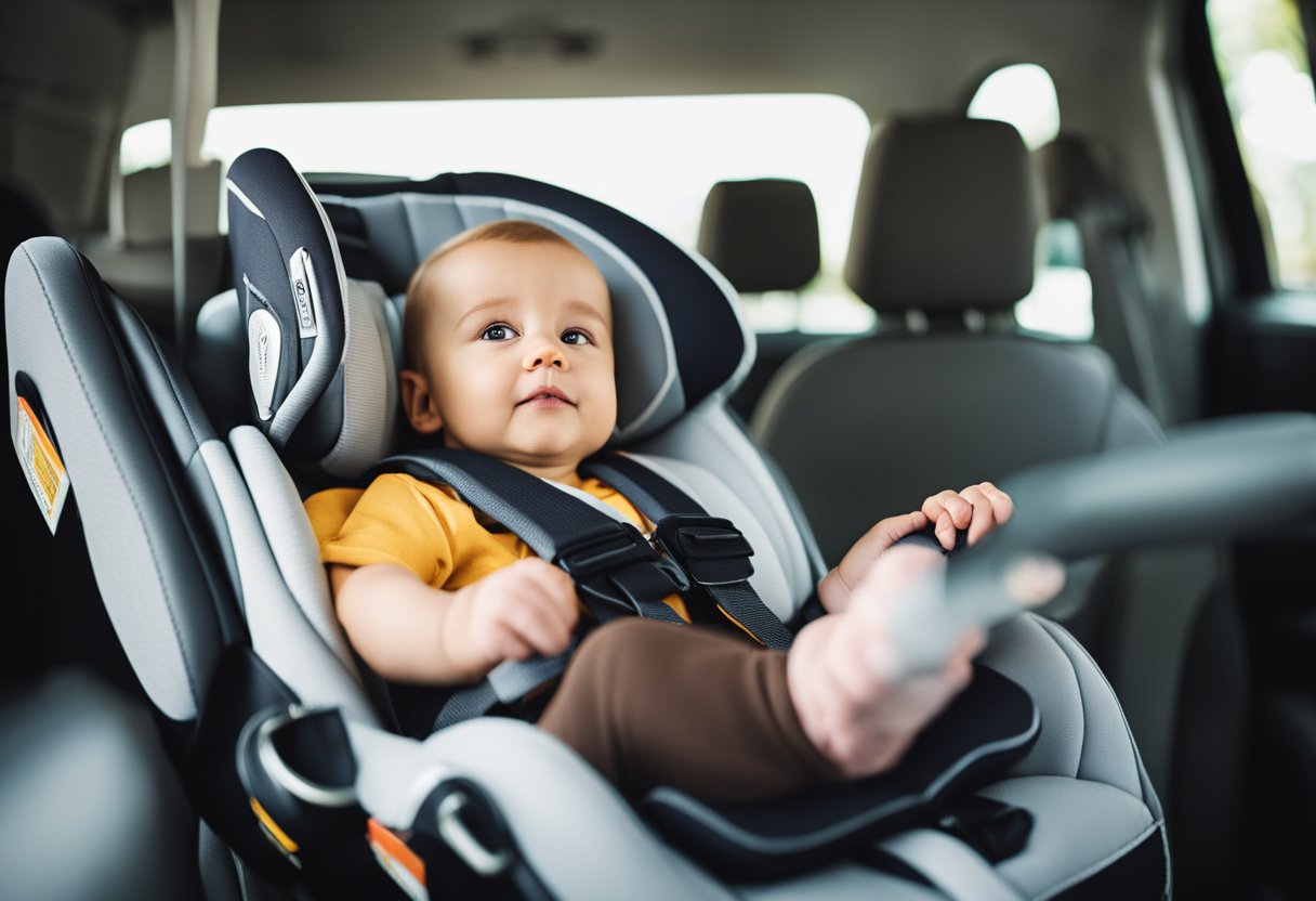 A baby trend infant car seat sits securely in a car, with the seatbelt fastened tightly around it. The car seat is positioned in the rear-facing position, with the handle in the upright position