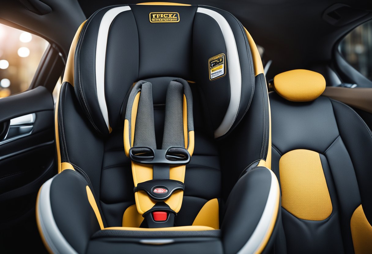 A car seat with safety certifications and standards displayed prominently