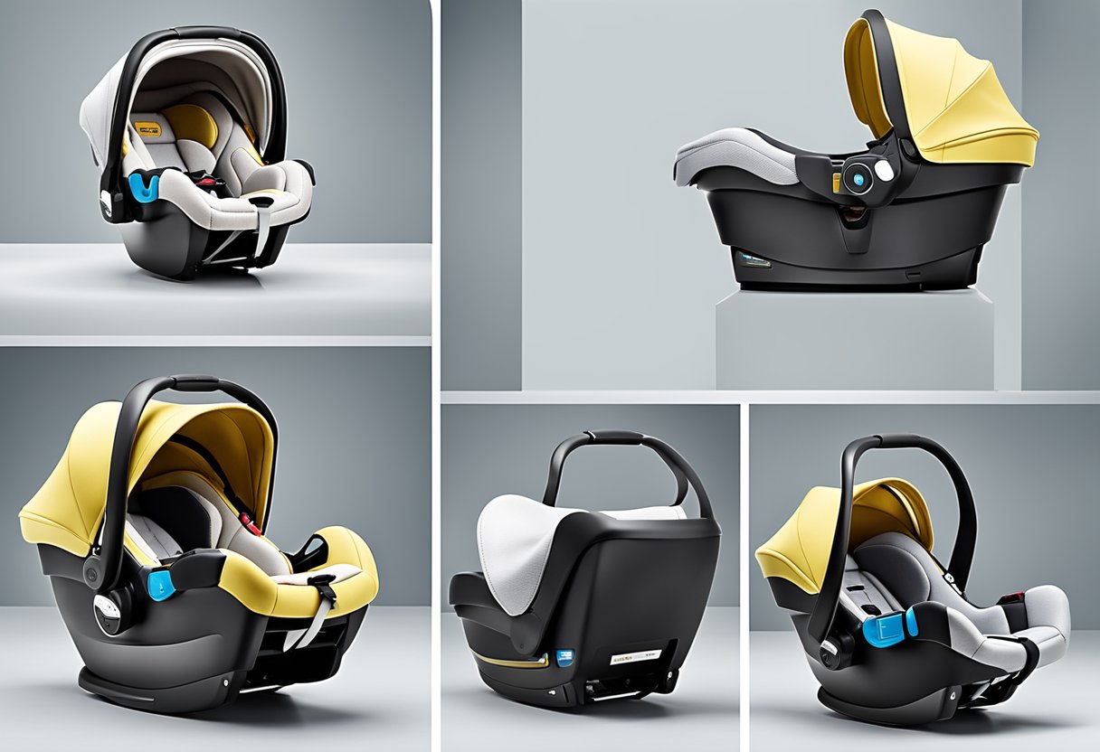 A baby trend infant car seat sits on a sturdy base. Five-star ratings and positive user reviews surround it, indicating its safety and reliability