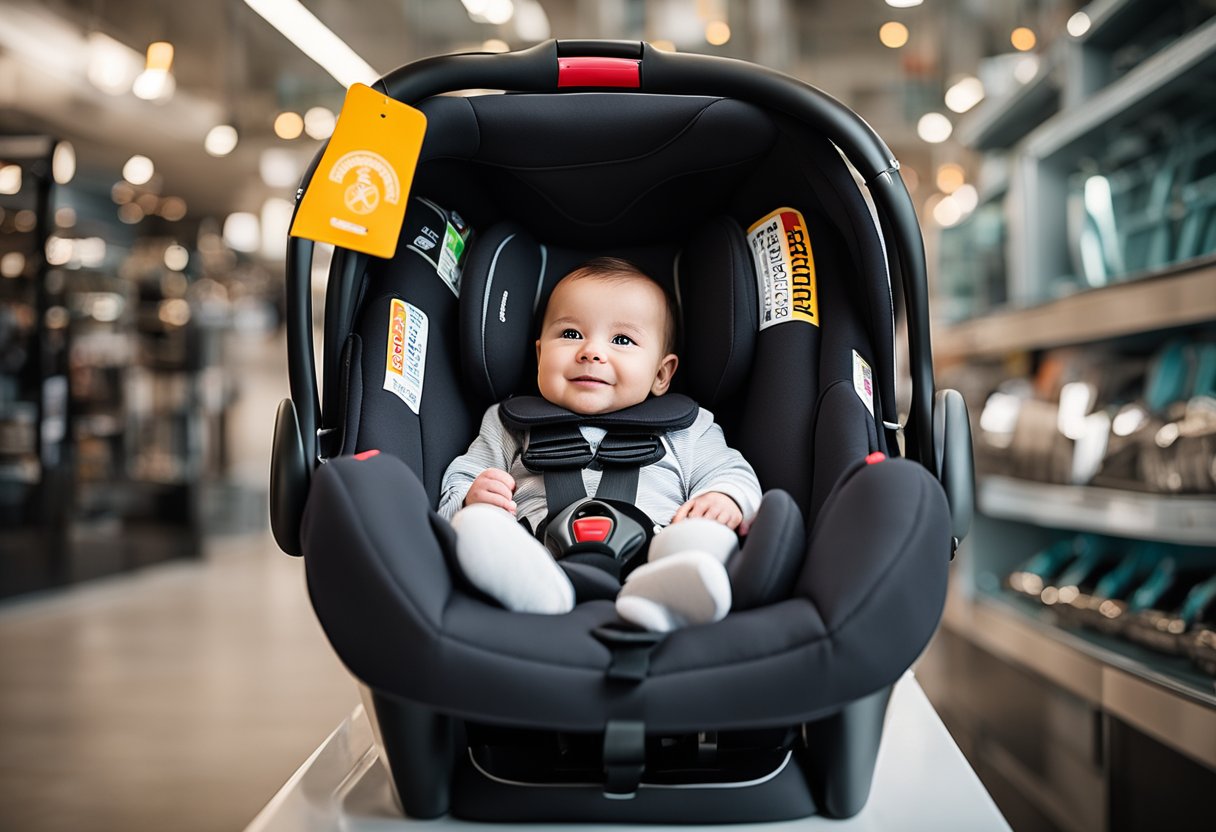 A baby trend infant car seat is shown in a secure and trustworthy setting, surrounded by historical references and brand logos