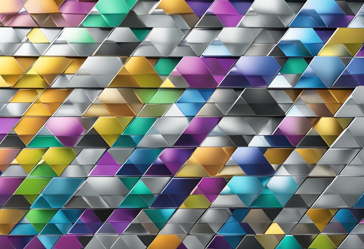A stack of aluminum composite metal panels with varying colors and textures arranged in a geometric composition