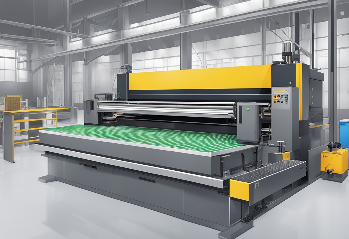 Machines cut, layer, and press aluminum sheets with plastic core to create composite panels