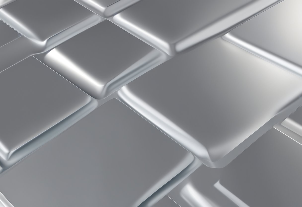A close-up view of aluminum composite panel material, showing its smooth surface, metallic sheen, and layered composition
