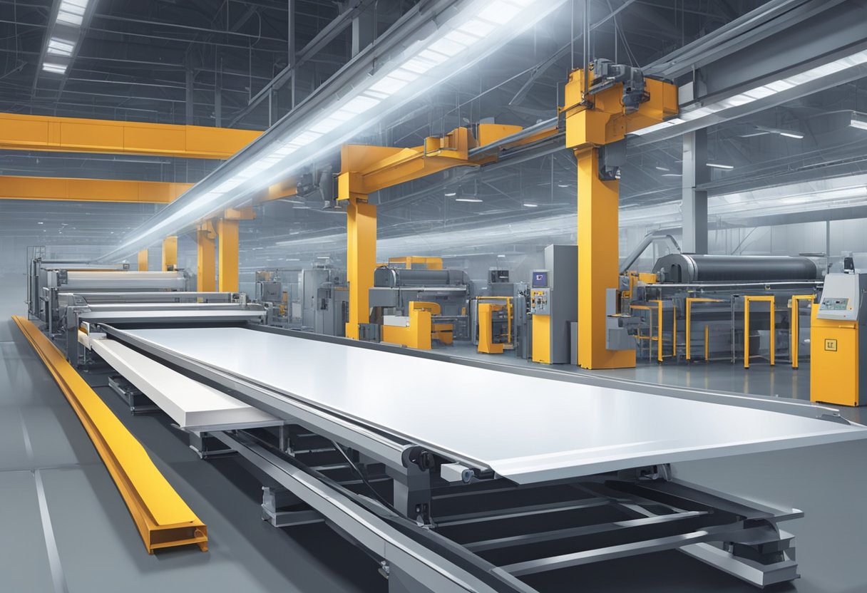 Machines cut, layer, and bond aluminum sheets with a plastic core. Panels move along conveyor belts in a large, brightly-lit factory
