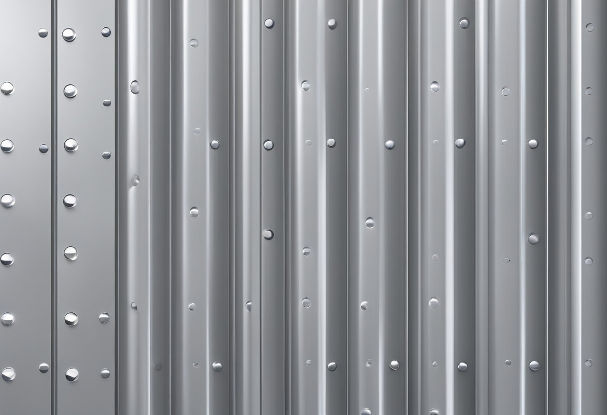An aluminum siding panel reflects light, with visible rivets and a smooth surface