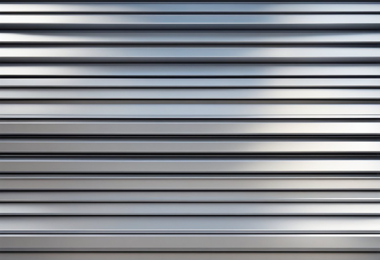 Aluminum siding panels stacked in a warehouse, with sunlight casting shadows on the ridged surface