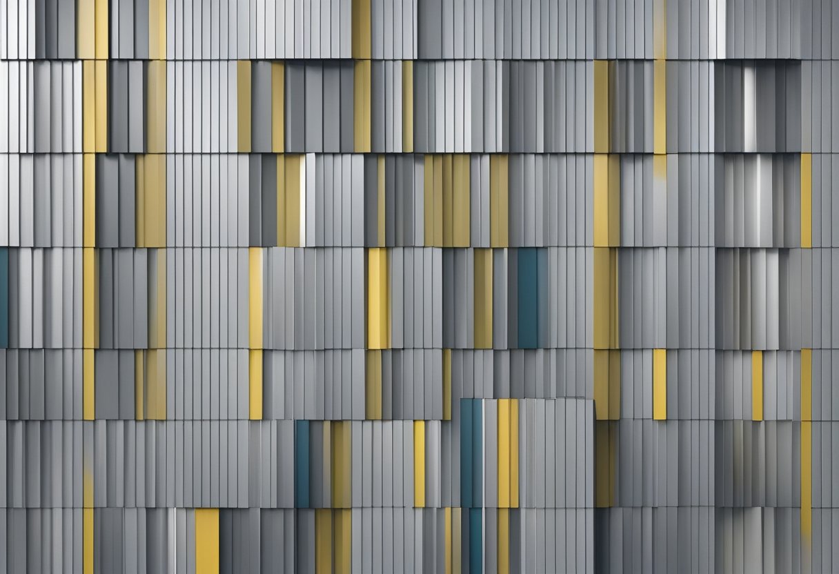 Several aluminum siding panels in various sizes and textures arranged in a grid pattern on the exterior of a modern building