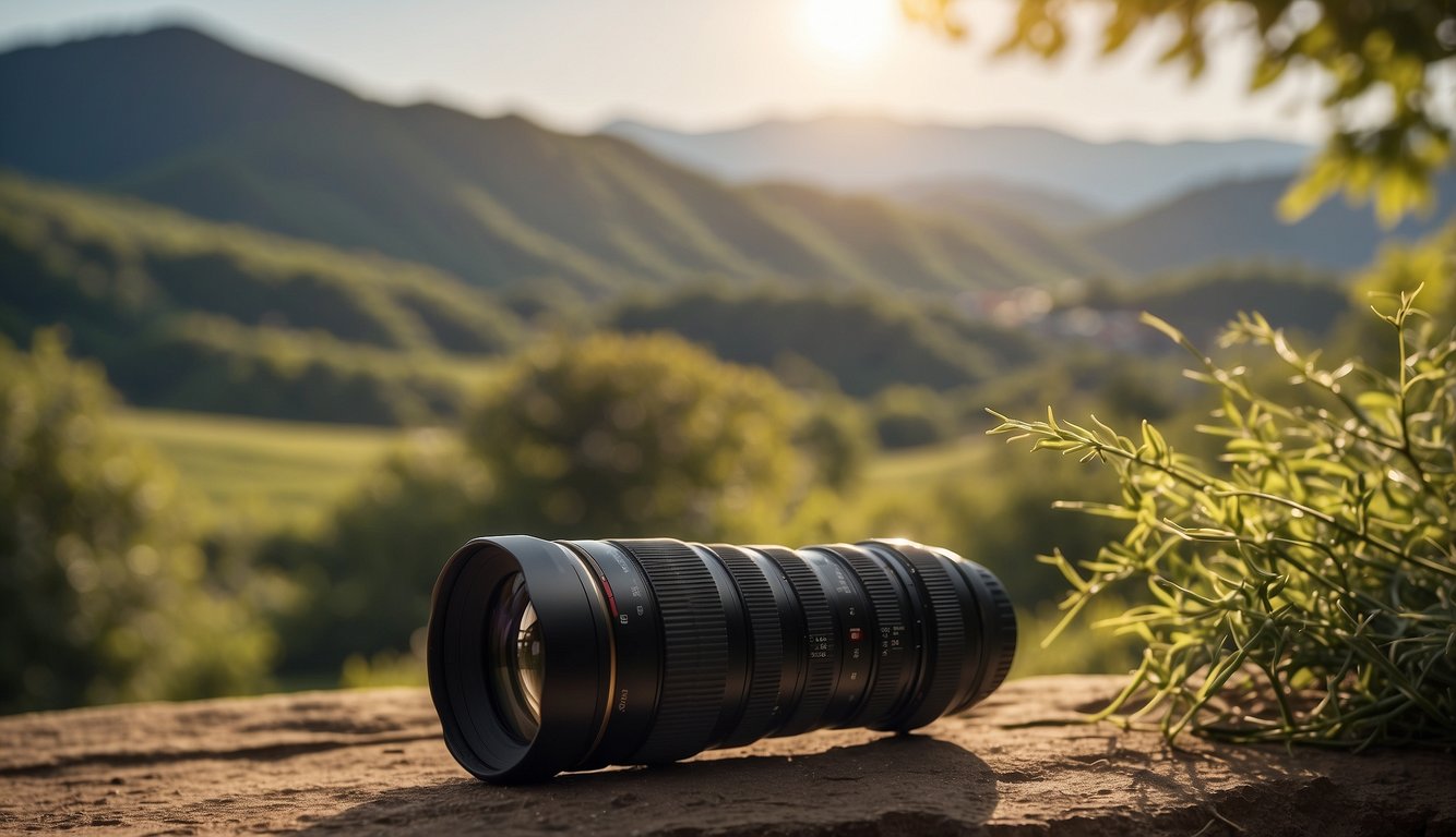 A camera lens with adjustable aperture and shutter speed settings, set against a backdrop of a bright, sunlit landscape with varying depths of field
