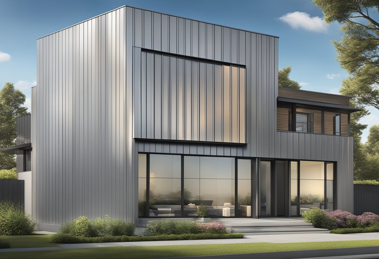 Aluminum panel siding gleams in the sunlight, reflecting a sleek and modern appearance. The smooth, metallic surface provides durability and low maintenance