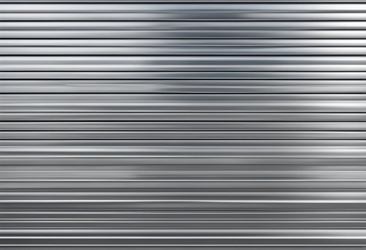 Aluminum panel siding arranged in horizontal rows, reflecting sunlight, with visible grooves and a smooth, metallic finish
