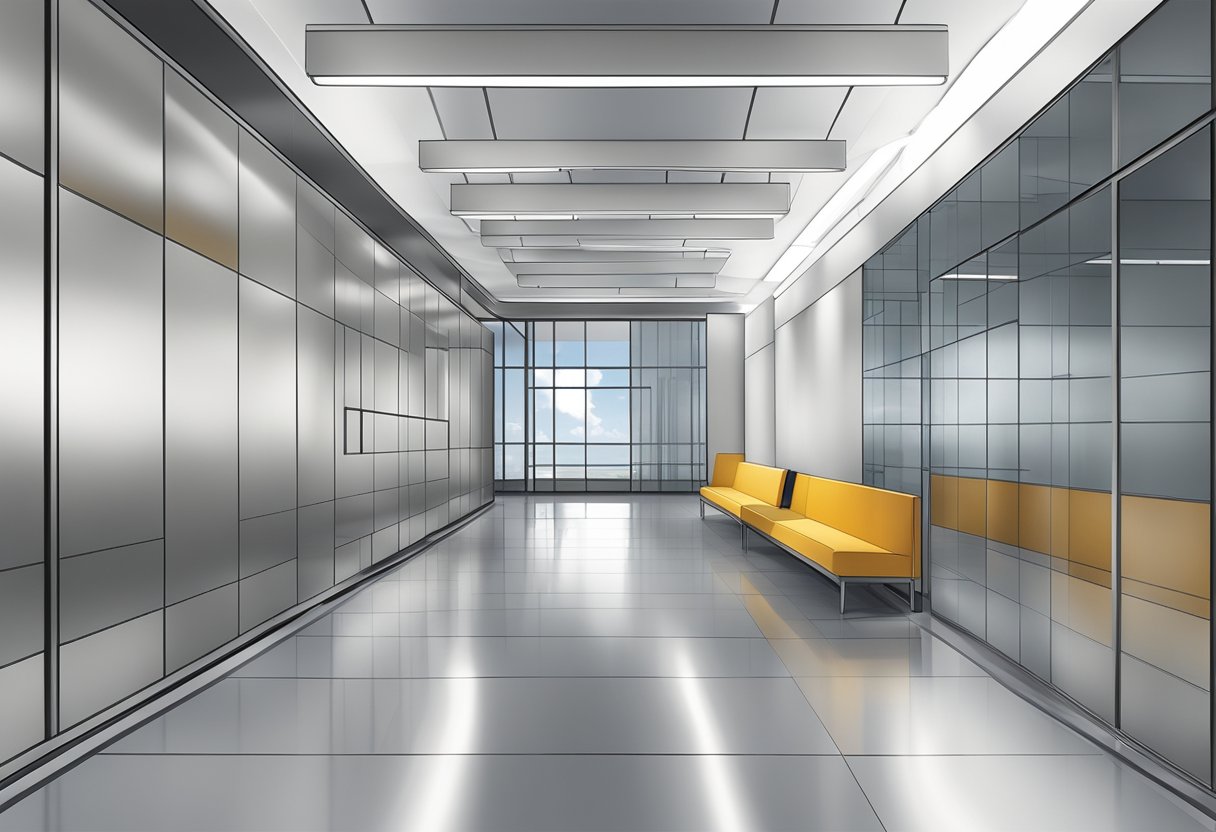 A sleek aluminum panel wall reflects light, with clean lines and a modern, industrial feel