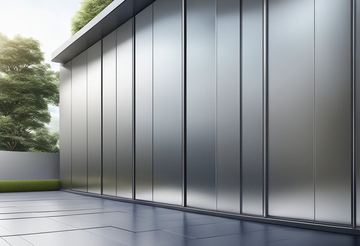 A sleek aluminum panel wall with clean lines and a brushed finish, reflecting the surrounding environment