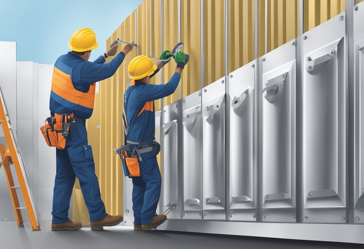 Aluminum panels being installed on a wall, with workers using tools and machinery to secure them in place