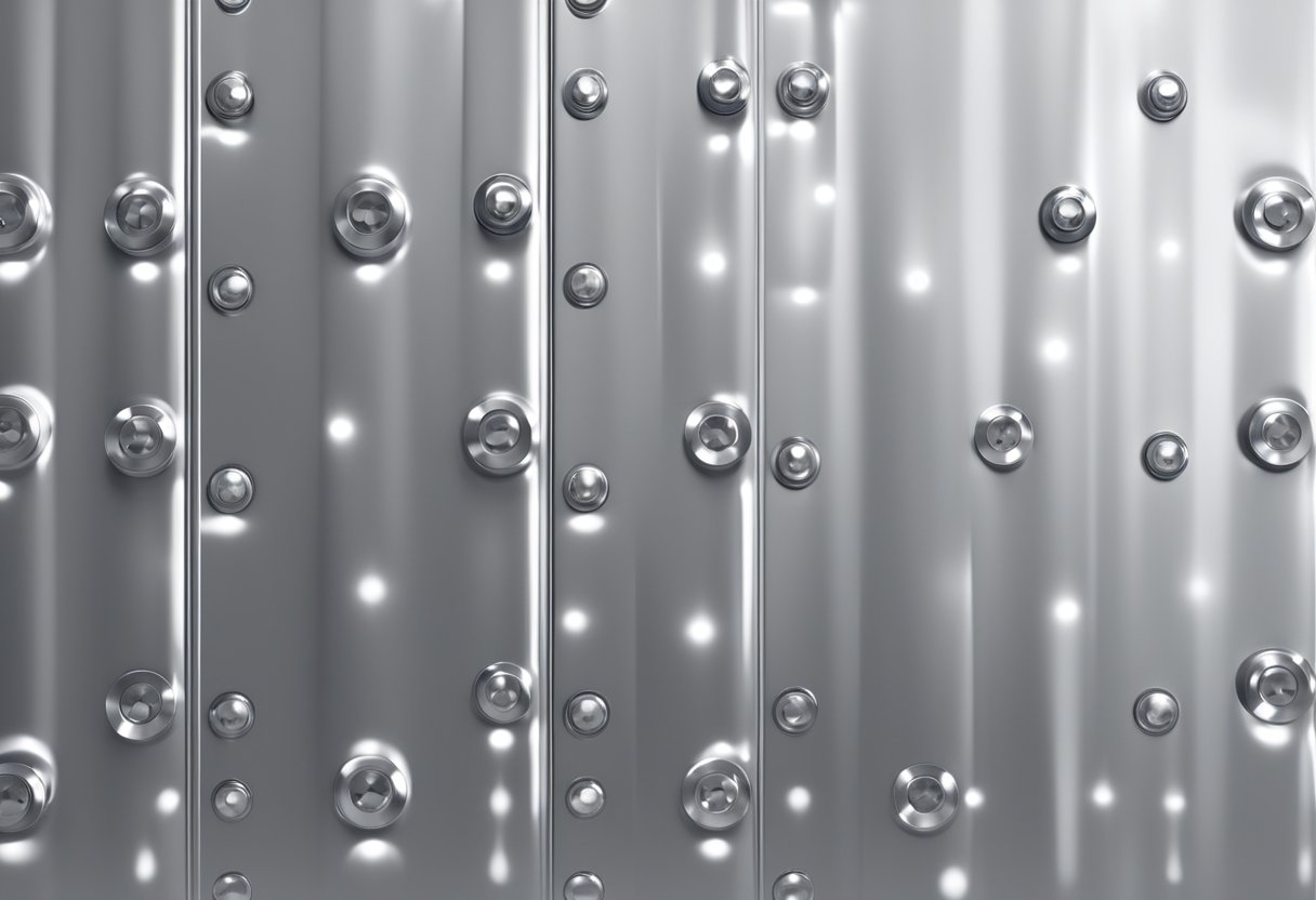 A shiny aluminum wall panel reflects the surrounding environment, with visible rivets and a smooth surface