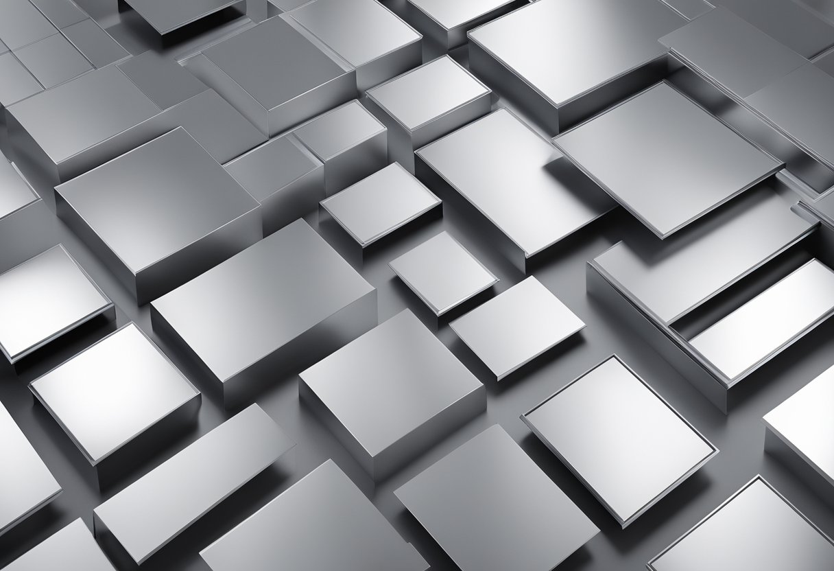 Various aluminum wall panels in different shapes and sizes, reflecting light and creating a sleek, modern aesthetic