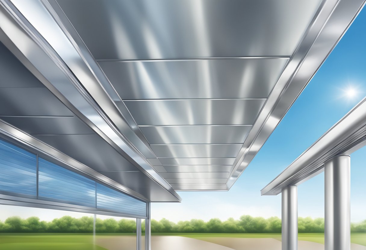 An aluminum soffit panel gleams in the sunlight, its smooth surface reflecting the surrounding environment