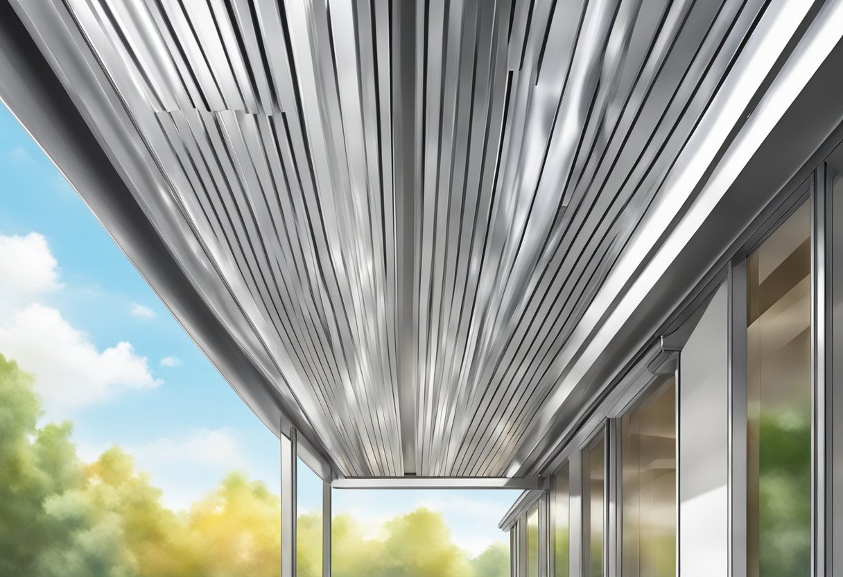 Aluminum soffit panels shining in the sunlight, providing ventilation and protection for the building's eaves