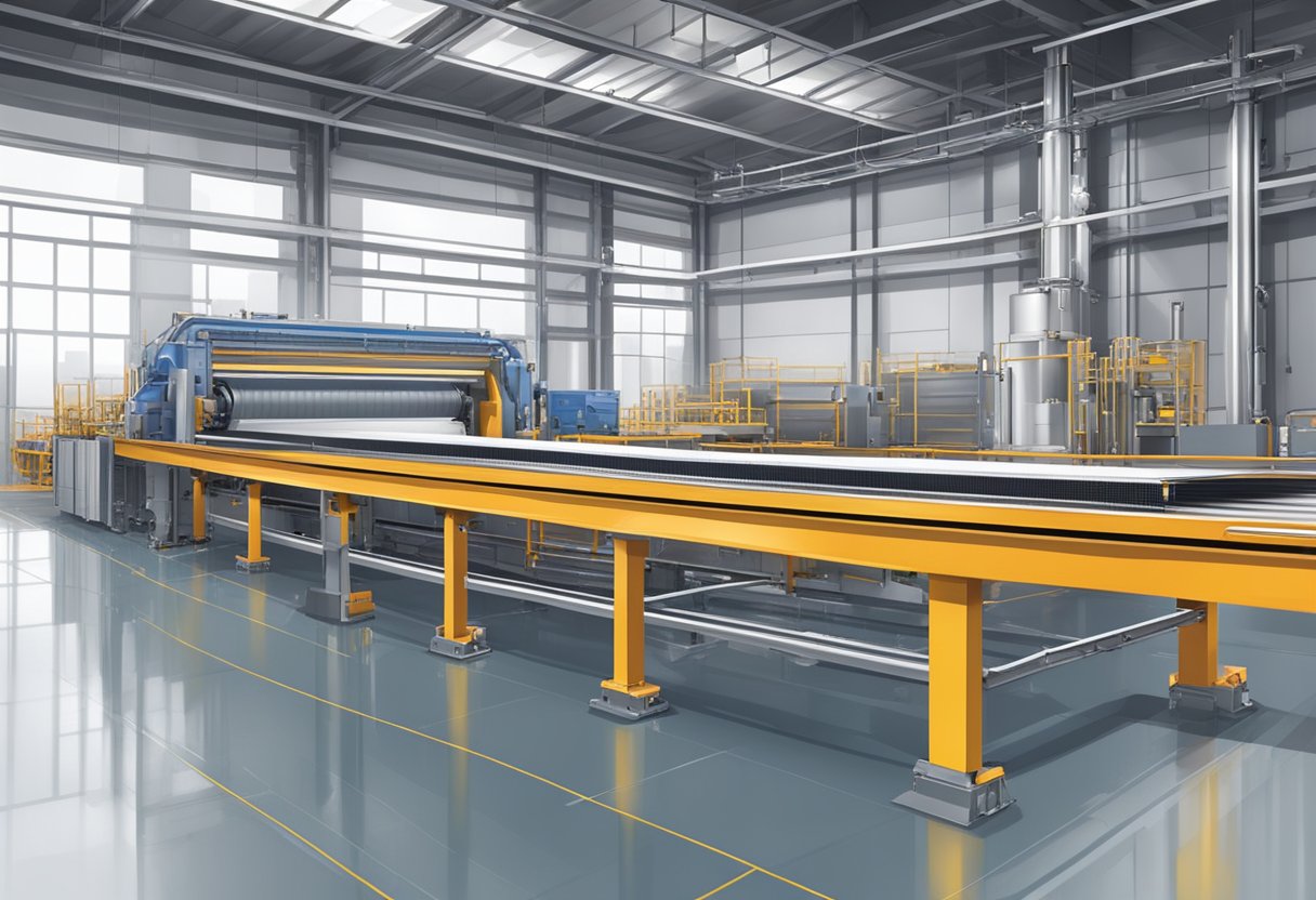 Machines assemble aluminum panels with insulation, using precision tools and conveyor belts in a large industrial facility