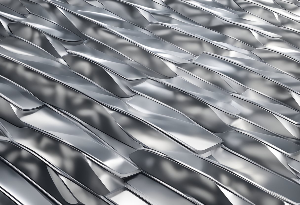 A stack of insulated aluminum composite panels arranged in a symmetrical pattern, with a clear focus on the texture and reflective surface of the material