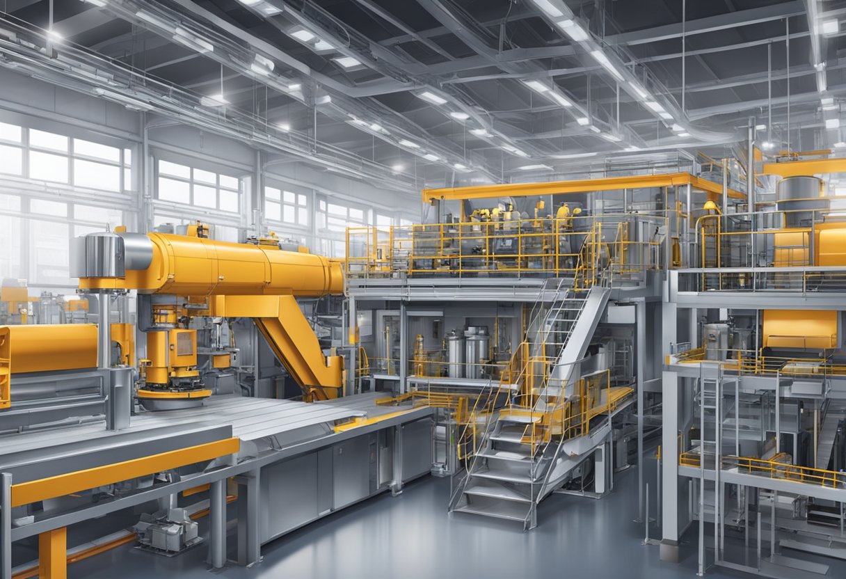 Machines assemble layers of aluminum and insulation in a factory setting