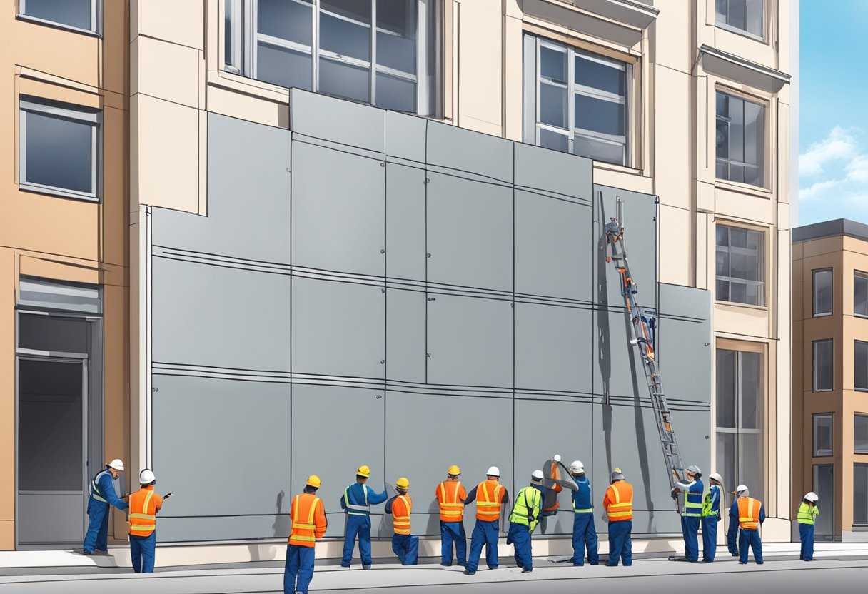 An insulated aluminum panel being installed on a building facade, with workers using tools and equipment to secure it in place