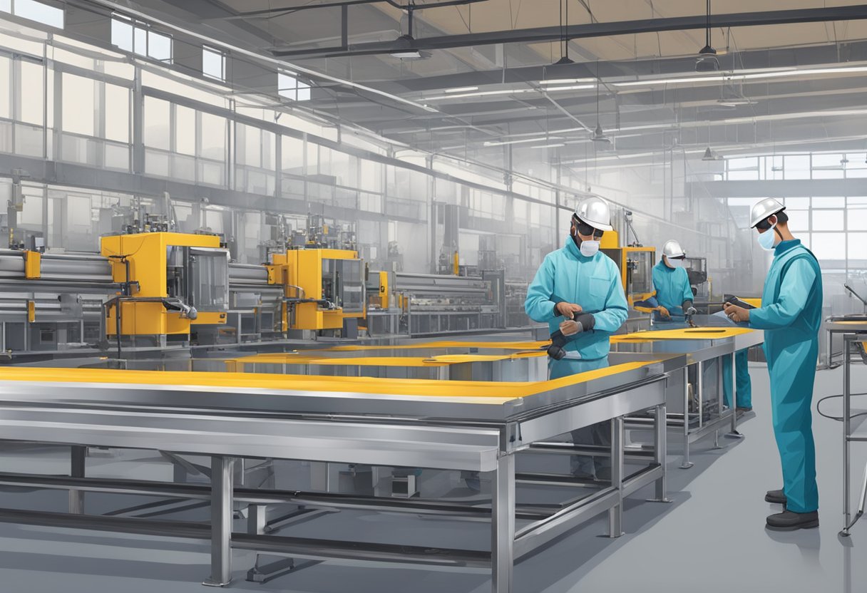 Machines assemble and weld aluminum panels in a factory setting, with workers in protective gear overseeing the process