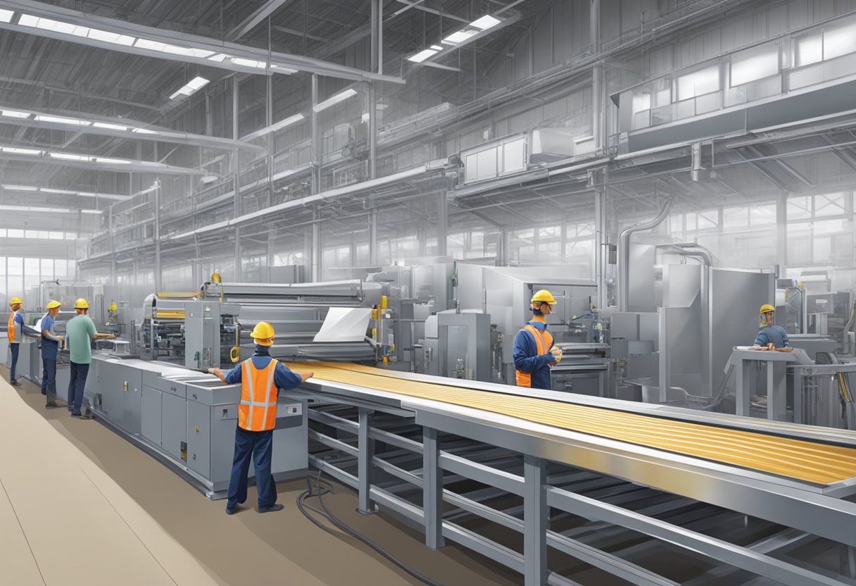 A factory with machines shaping aluminum sheets into corrugated panels, workers overseeing the process, and a timeline of the panel's evolution displayed on the wall