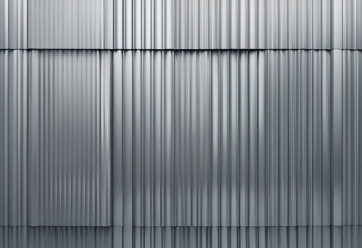 Several corrugated aluminum panels stacked against a wall, reflecting light and creating a sense of depth and texture