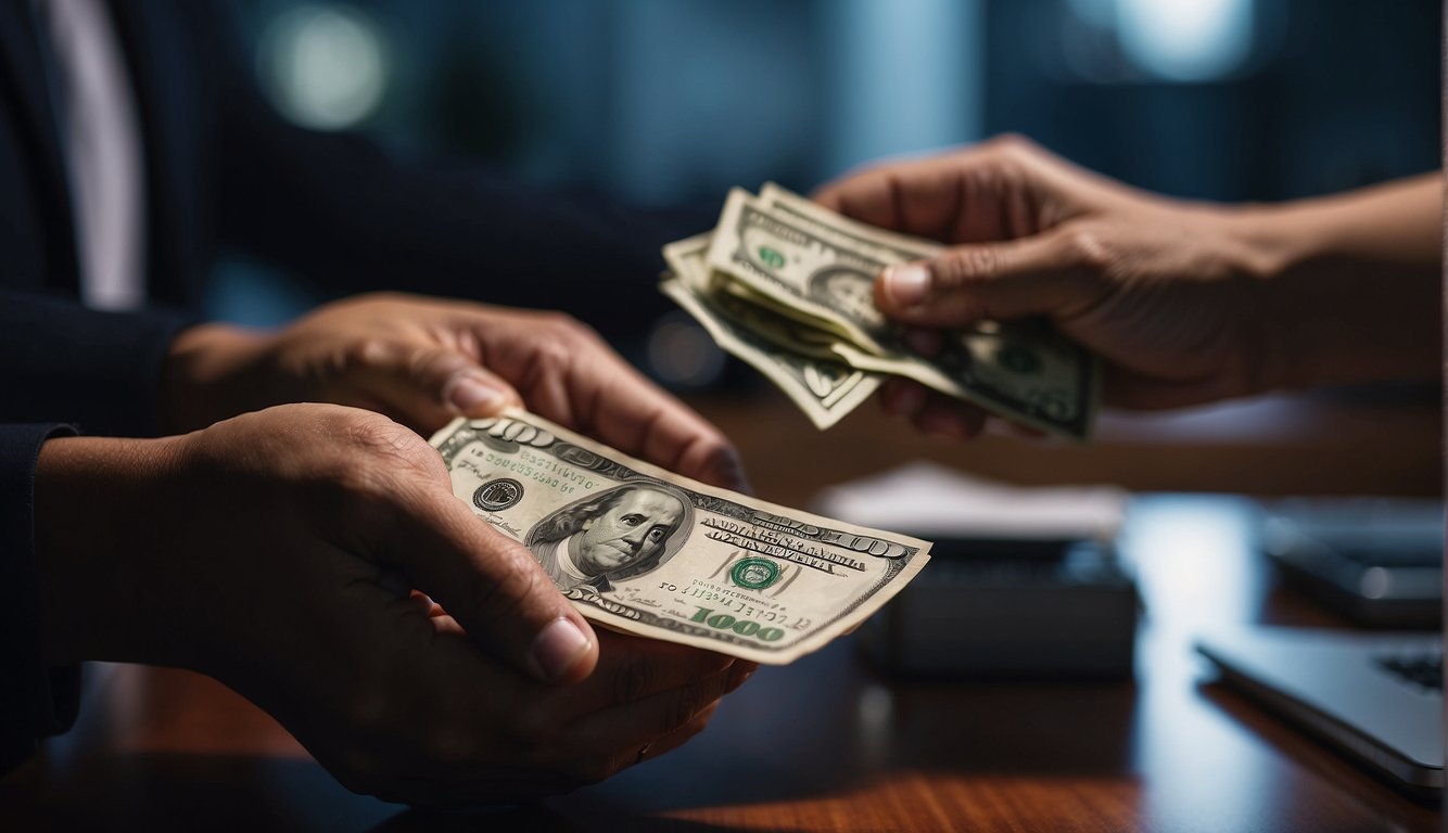 A person borrowing money from an illegal money lender in Singapore, exchanging cash for a loan agreement