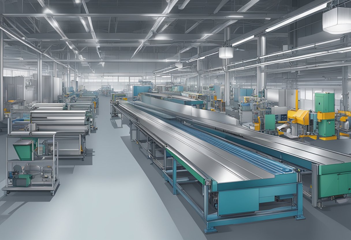 Machines cut, layer, and bond aluminum and plastic sheets in a factory setting