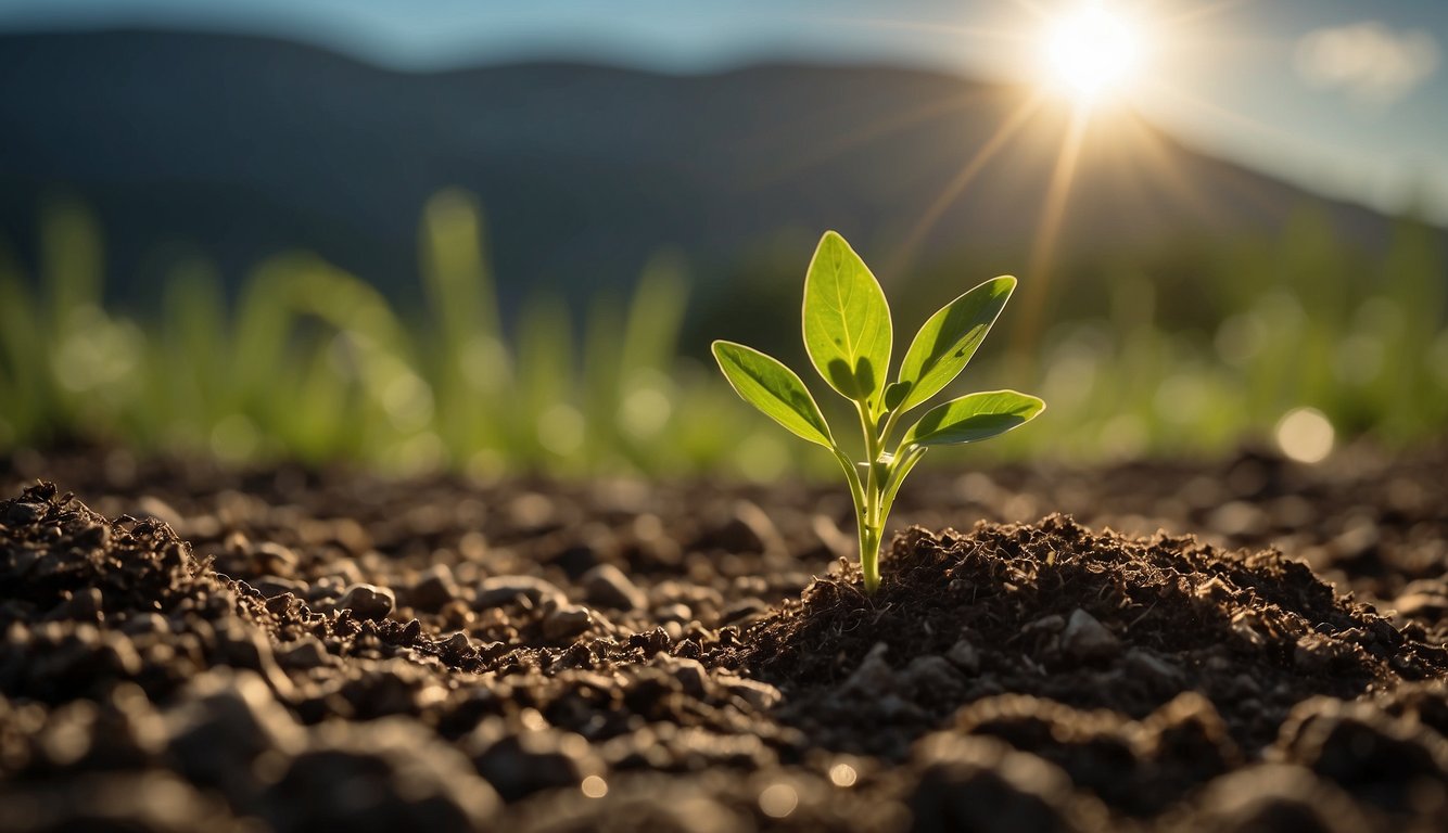 A beam of light shines down from the heavens, illuminating a barren landscape. A single seed planted in the ground begins to sprout and grow into a flourishing garden, overflowing with abundance