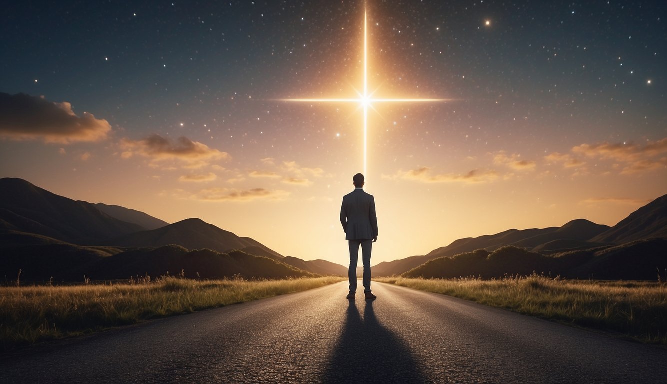 A figure stands at a crossroads, looking up at a glowing, celestial presence. The figure's posture is one of patience and anticipation, conveying a sense of readiness to receive abundant blessings
