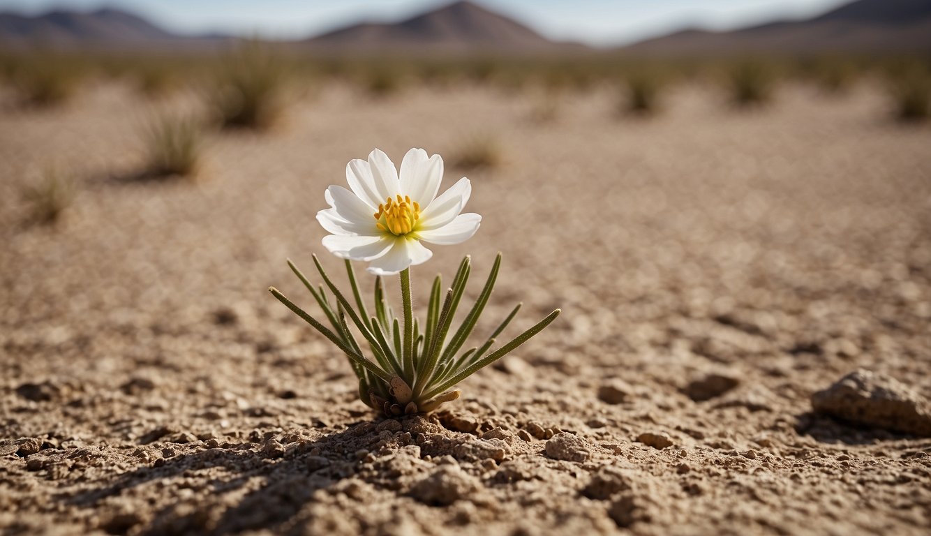 A barren desert landscape with a single, blooming flower emerging from the dry ground, symbolizing patience and the promise of abundance