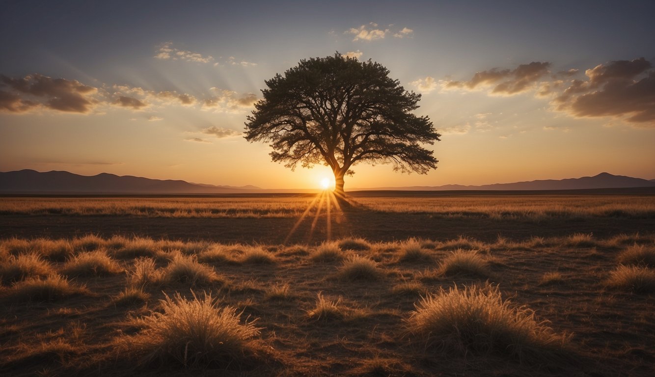 A lone tree stands in a vast, empty landscape, its branches reaching towards the sky. The sun sets in the distance, casting a warm glow over the scene, as the tree waits patiently for what it knows is coming