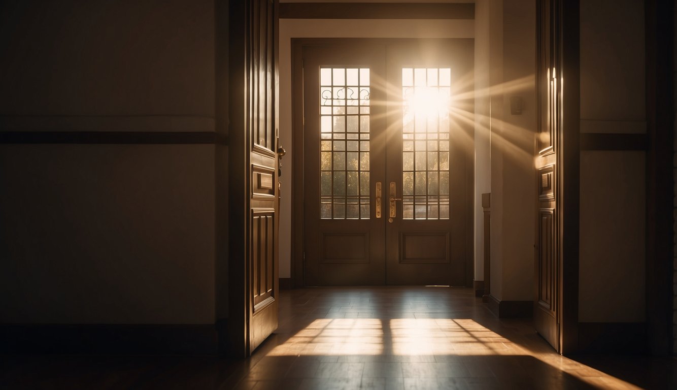 A beam of light shines down on a closed door, symbolizing waiting for God's timing. Surrounding the door are symbols of abundance and fulfillment, representing receiving more than expected