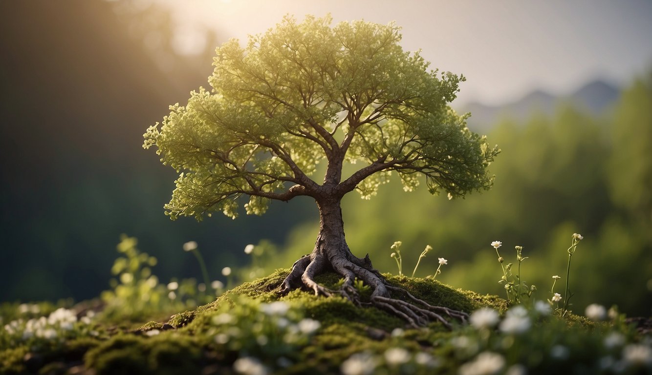 A barren tree stands tall, surrounded by budding flowers and vibrant greenery, symbolizing the growth and transformation that comes from waiting on God's timing